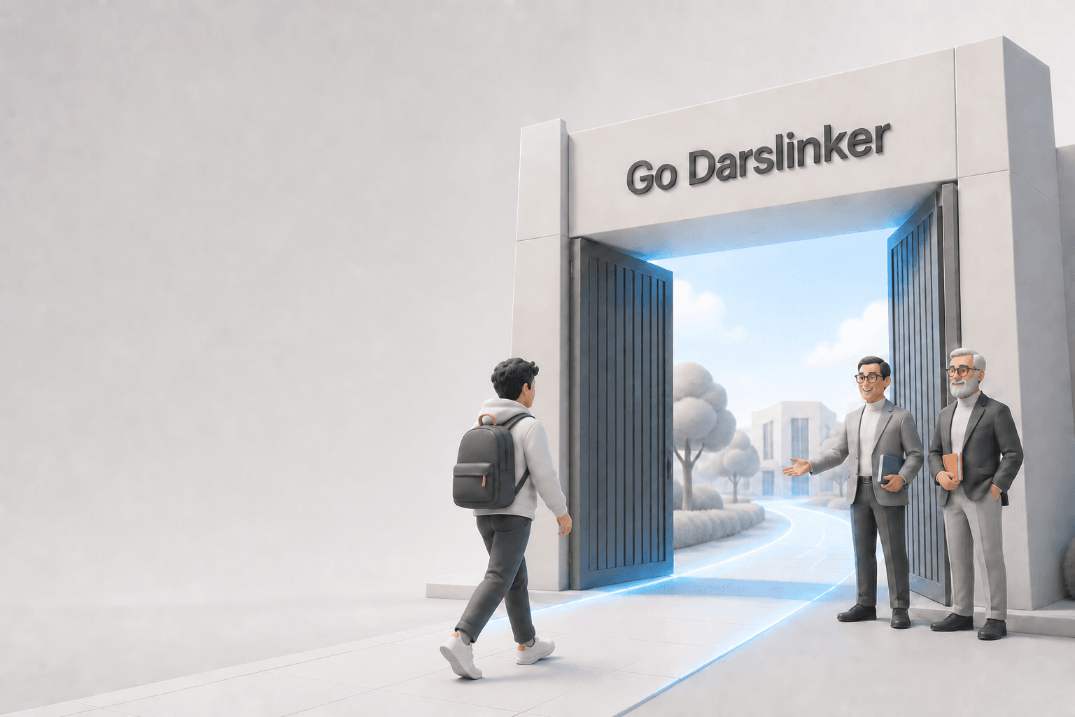 Go Darslinker ilm darvozasi tomon ketayotgan talaba va uni kutib olayotgan professorlar